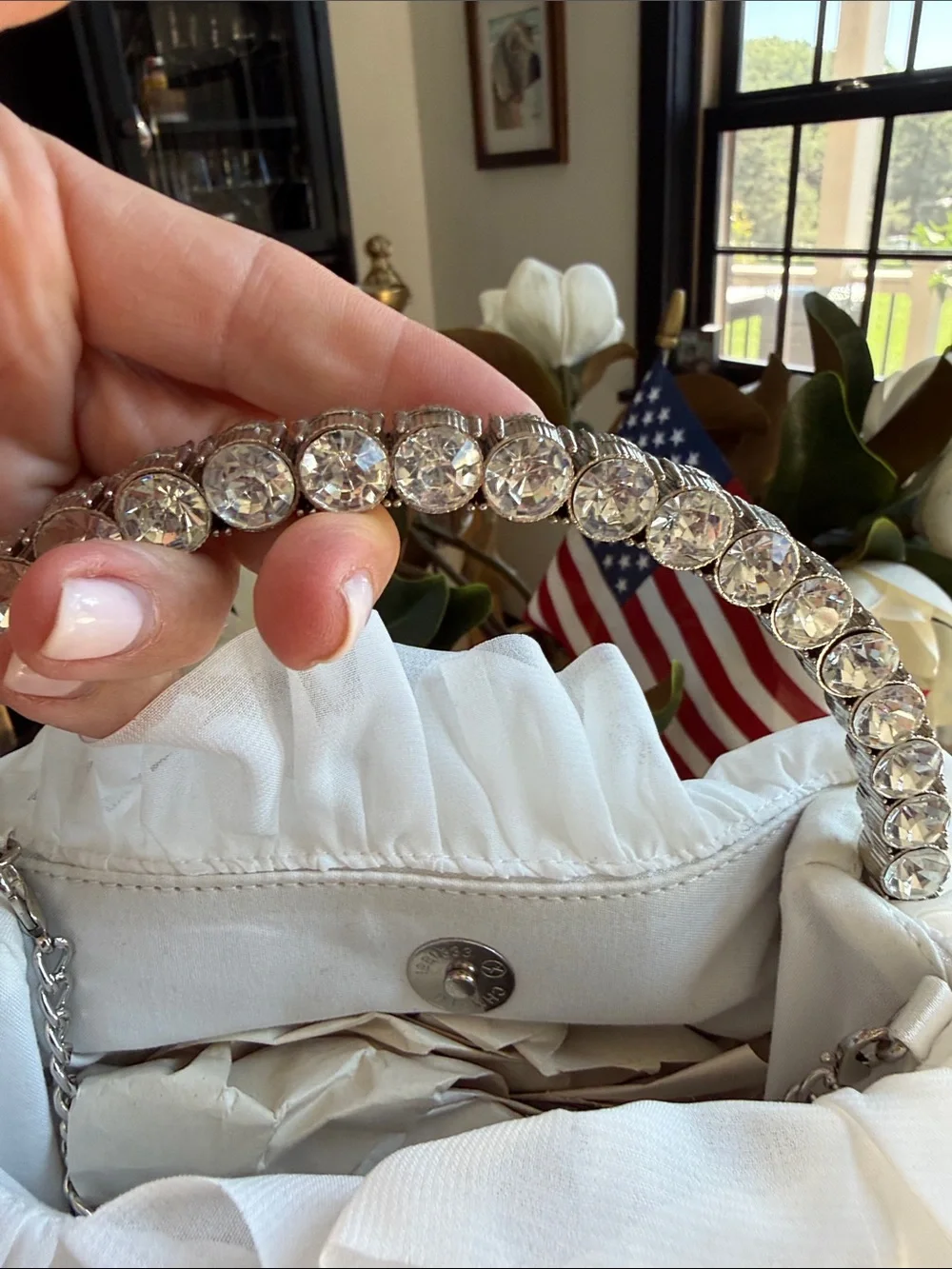 Sincerly Jules White Ruffle Clutch with Crystal Handle